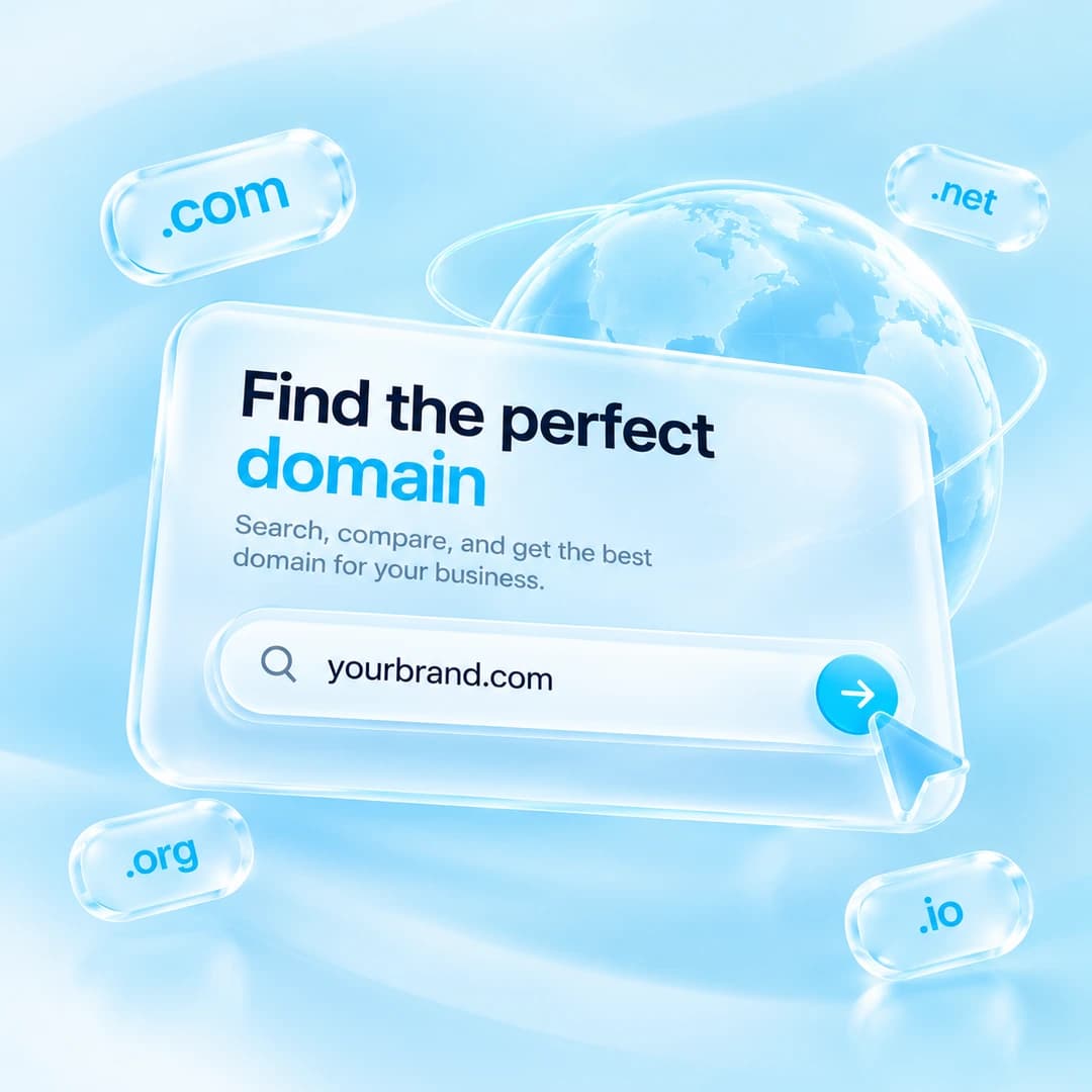 A glass search card reading Find the perfect domain, with yourbrand.com typed in, surrounded by .com, .net, .org and .io tags and a globe.
